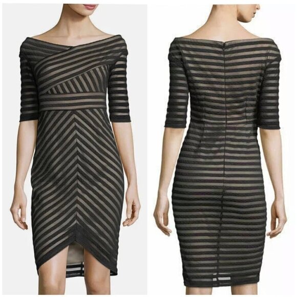 Jax Black Label Sz 8 Off-the-Shoulder Illusion Stripe Sheath Dress Black M Tulip - Picture 1 of 7